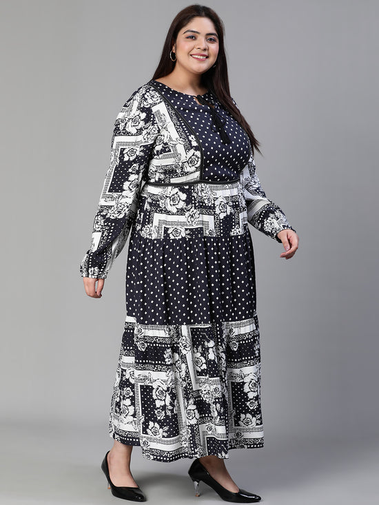 Women Plus Size Printed Drawstring Woth Round Neck Flared Navy Blue Dress-S23451PDR001