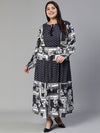 Women Plus Size Printed Drawstring Woth Round Neck Flared Navy Blue Dress-S23451PDR001