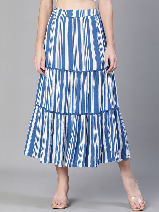 Women Stripe Print Blue Elasticated Flared Skit-S23470WSK001