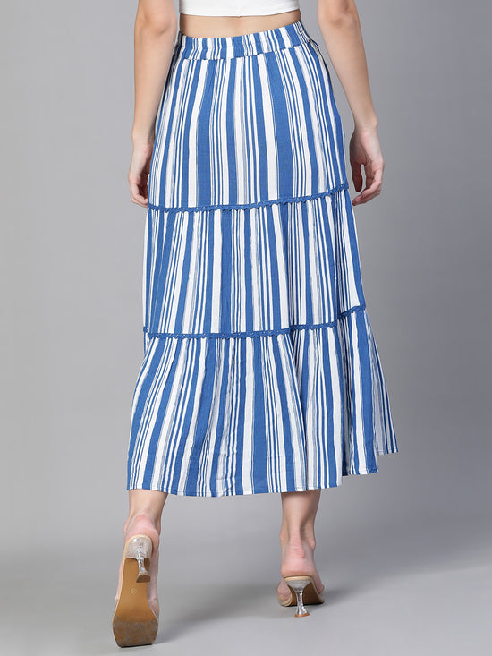 Women Stripe Print Blue Elasticated Flared Skit-S23470WSK001