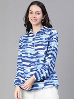 Women Blue  Printed With Zip Mandrain Collar-S23491WBL001