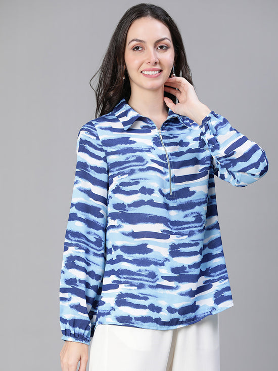 Women Blue  Printed With Zip Mandrain Collar-S23491WBL001