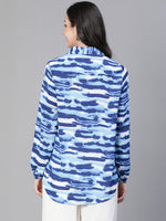 Women Blue  Printed With Zip Mandrain Collar-S23491WBL001