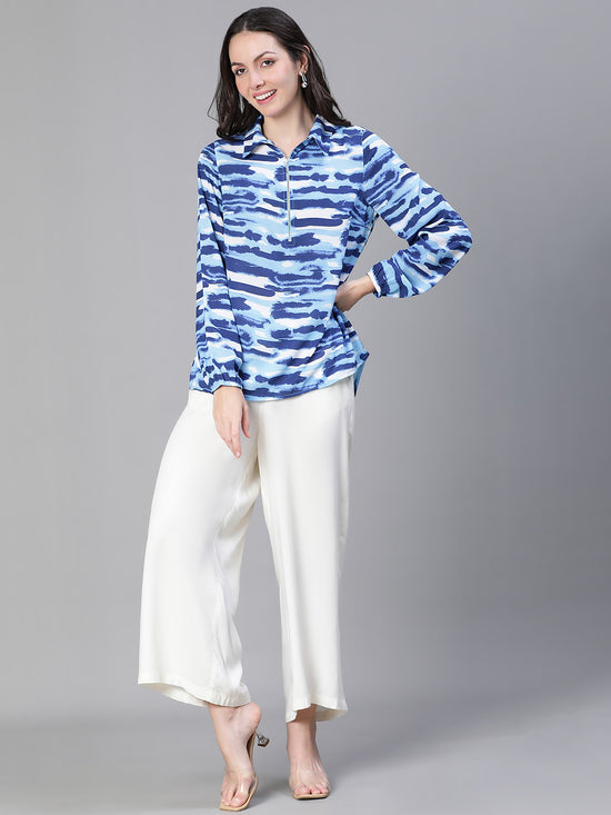 Women Blue  Printed With Zip Mandrain Collar-S23491WBL001