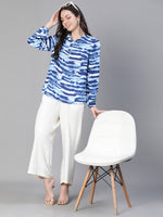 Women Blue  Printed With Zip Mandrain Collar-S23491WBL001