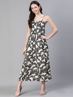 Women Floral Print Shoulder Strapped Black Long Dress-S23500WDR001