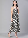 Women Floral Print Shoulder Strapped Black Long Dress-S23500WDR001