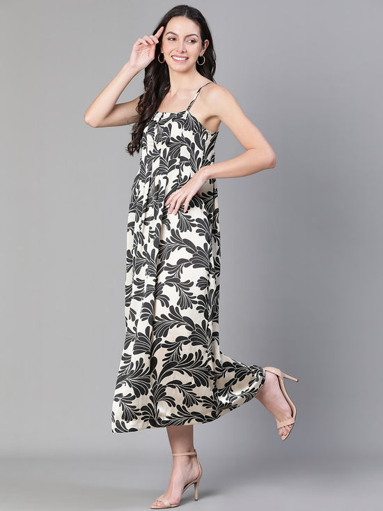 Women Floral Print Shoulder Strapped Black Long Dress-S23500WDR001