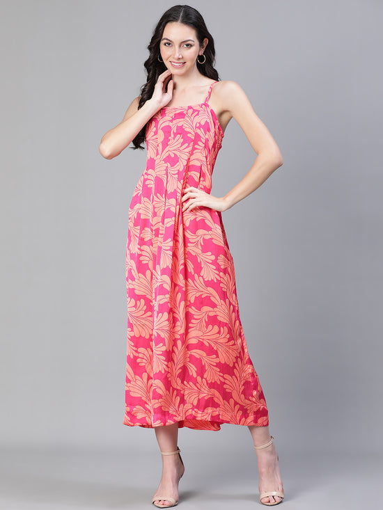 Women Floral Print Shoulder Strapped Pink Long Dress-S23500WDR002