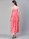 Women Floral Print Shoulder Strapped Pink Long Dress-S23500WDR002