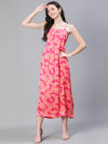 Women Floral Print Shoulder Strapped Pink Long Dress-S23500WDR002