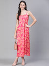 Women Floral Print Shoulder Strapped Pink Long Dress-S23500WDR002