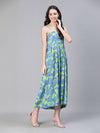 Women Floral Print Shoulder Strapped Green  Long Dress-S23500WDR003