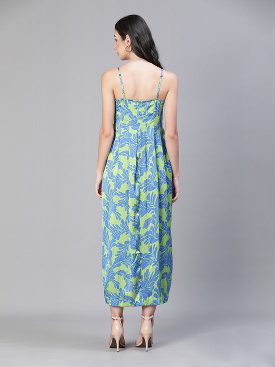 Women Floral Print Shoulder Strapped Green  Long Dress-S23500WDR003