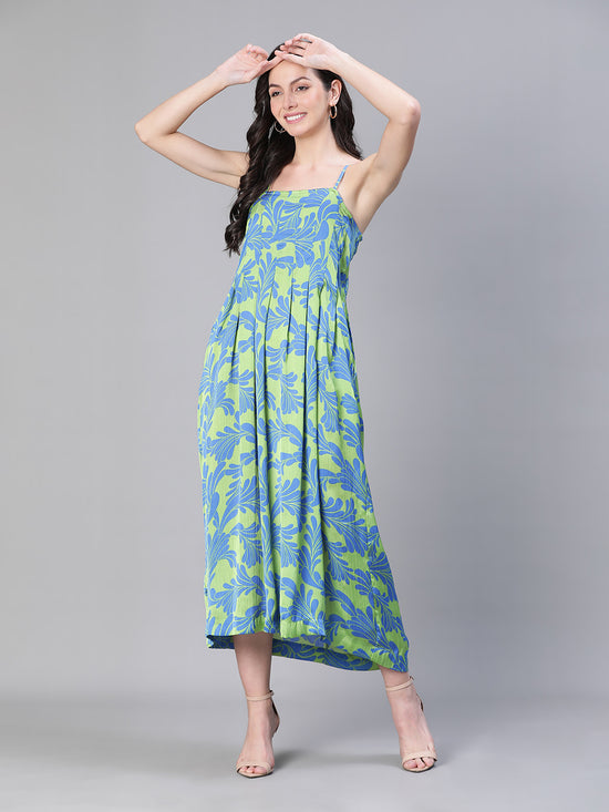 Women Floral Print Shoulder Strapped Green  Long Dress-S23500WDR003