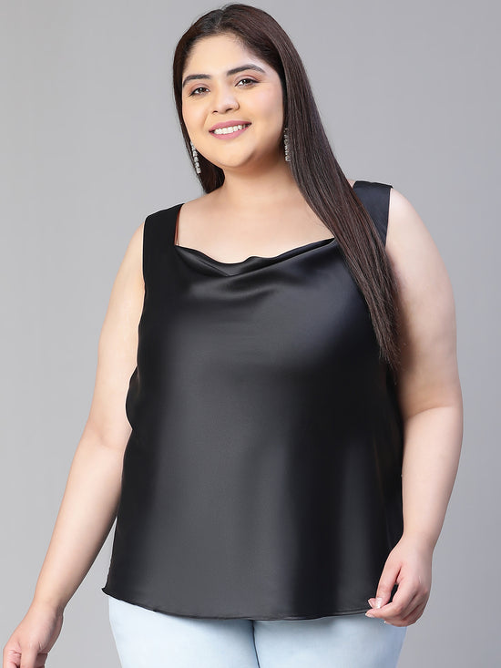 Women Solid Black Sleeveless Shoulder Strap Cowl Neck Plus Size Satin Top-S23524PBL001