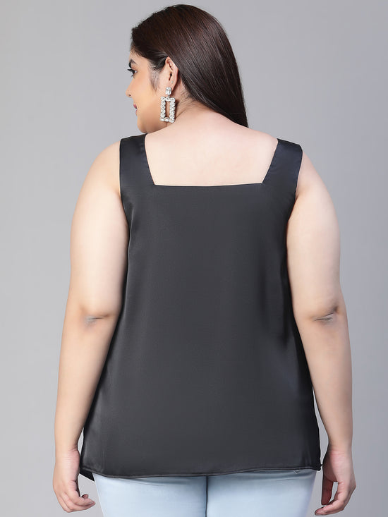 Women Solid Black Sleeveless Shoulder Strap Cowl Neck Plus Size Satin Top-S23524PBL001