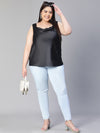 Women Solid Black Sleeveless Shoulder Strap Cowl Neck Plus Size Satin Top-S23524PBL001