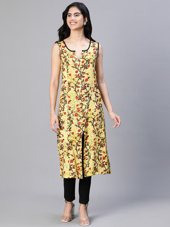 Women Floral Print Yellow Round Neck Sleeveless A-Line Tunic-S23562WBL001