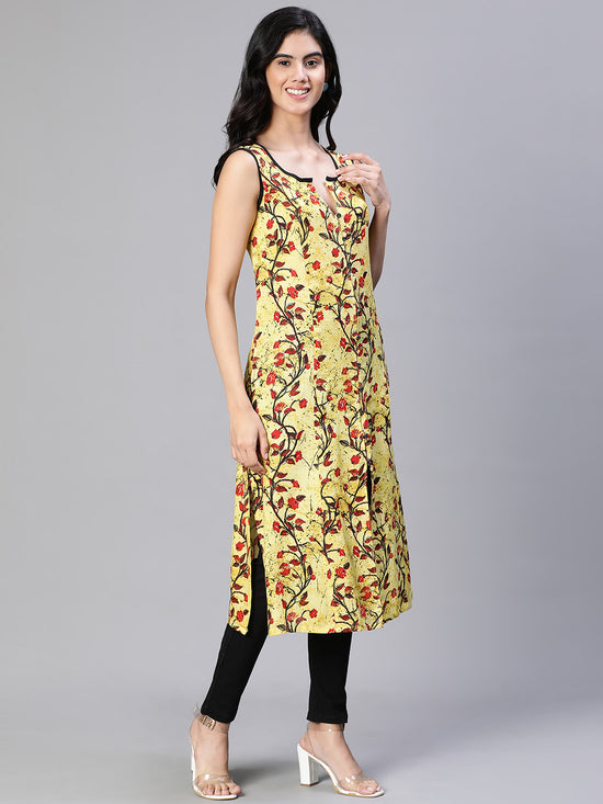 Women Floral Print Yellow Round Neck Sleeveless A-Line Tunic-S23562WBL001