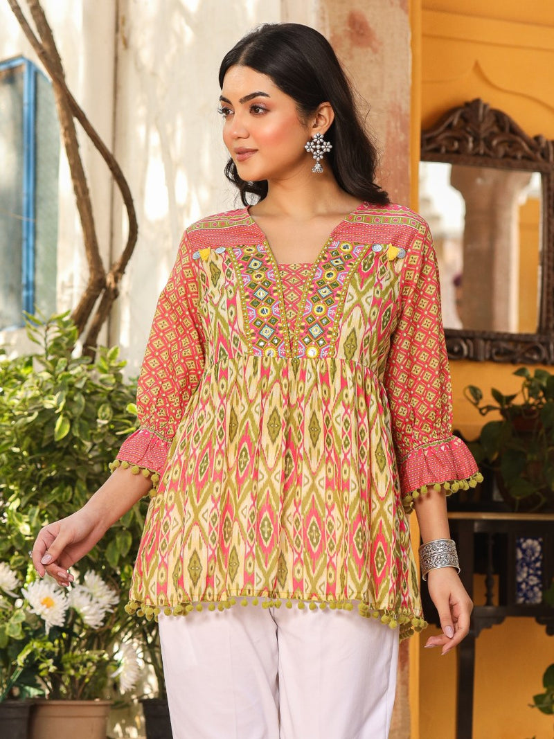 Green Embroidered Cotton Voile Peplum Tunic