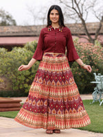 Women Solid Liva Rayon Rust Shirt With Multi Color Skirt Co-Ord Set-S4561RUSTMULTI