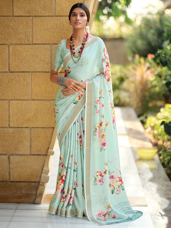 Saree Mall Women's Satin  Turquoise Digital Print Designer Saree With Blouse Piece-SAHAR1001