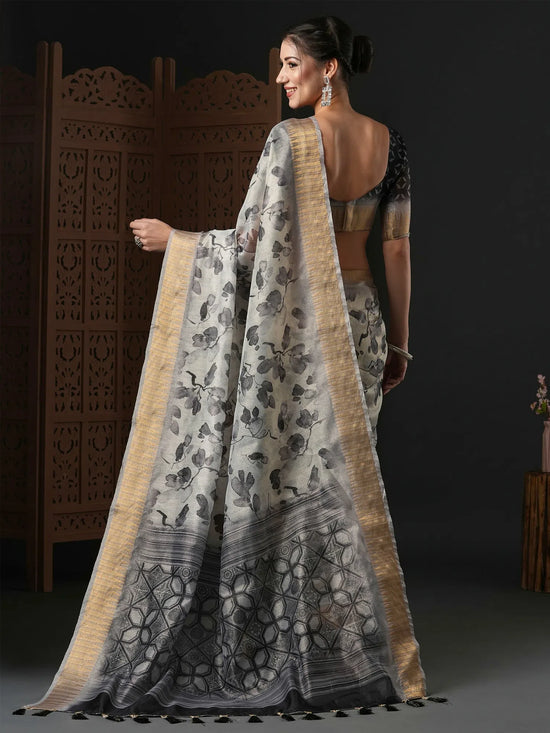 Saree Mall Women's Organza Grey Printed Designer Saree With Blouse Piece-SALILA102