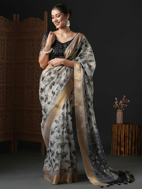 Saree Mall Women's Organza Grey Printed Designer Saree With Blouse Piece-SALILA102