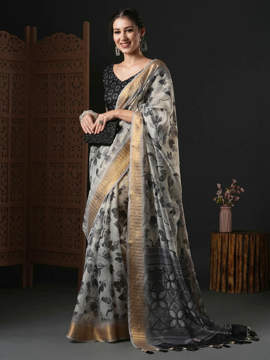 Saree Mall Women's Organza Grey Printed Designer Saree With Blouse Piece-SALILA102