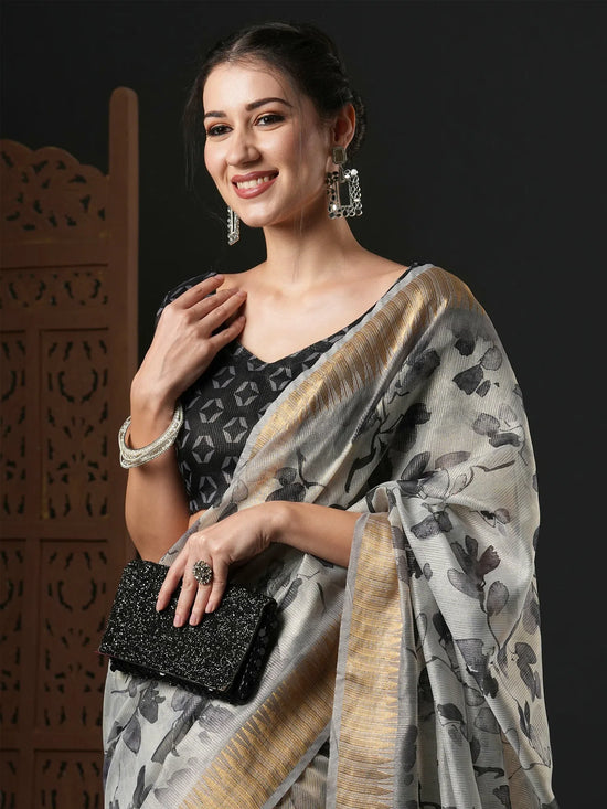 Saree Mall Women's Organza Grey Printed Designer Saree With Blouse Piece-SALILA102