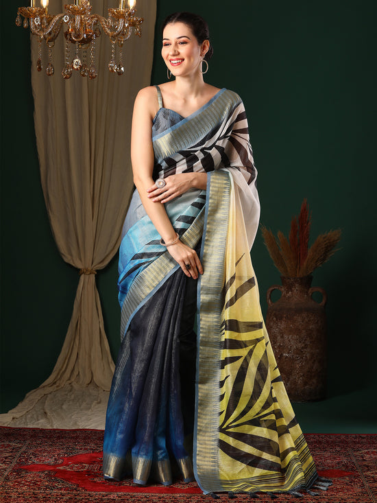 Saree Mall Women's Organza Navy Blue Printed Designer Saree With Blouse Piece-SALILA143