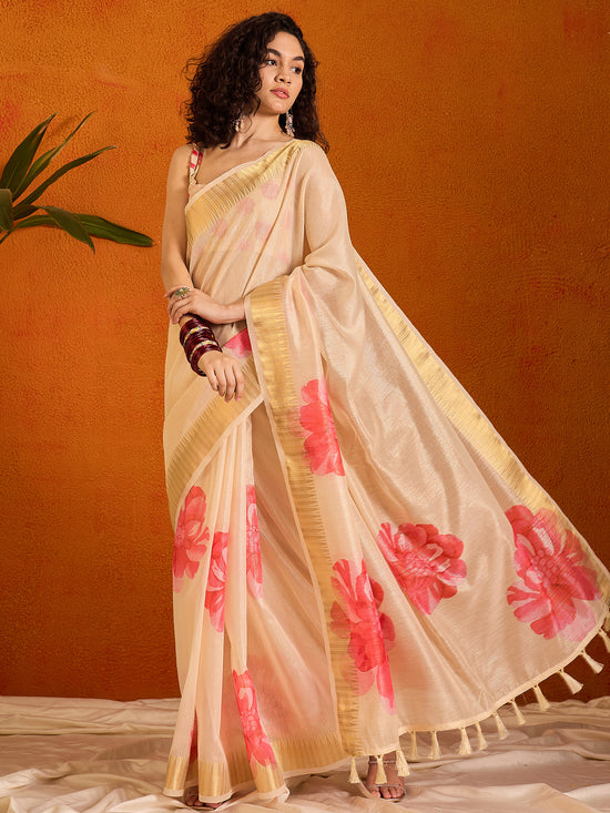 Saree Mall Women's Organza Beige Printed Designer Saree With Blouse Piece-SALILA148