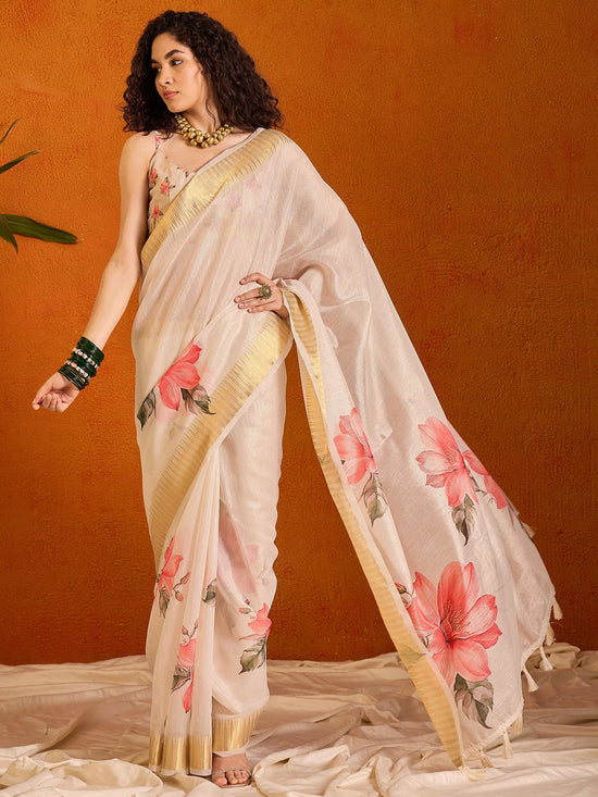 Saree Mall Women's Organza Cream Printed Designer Saree With Blouse Piece-SALILA149