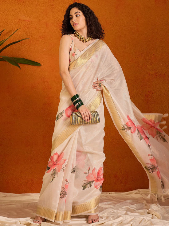 Saree Mall Women's Organza Cream Printed Designer Saree With Blouse Piece-SALILA149