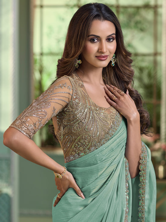 Saree Mall Women's Chiffon Sea Green Embellished Designer Saree With Blouse Piece-SALSA7805