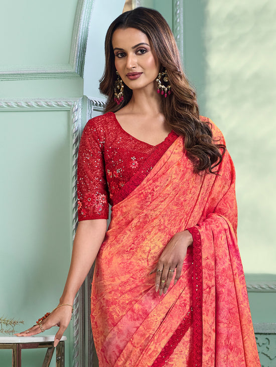 Saree Mall Women's Chiffon Orange Embellished Designer Saree With Blouse Piece-SALSA7807