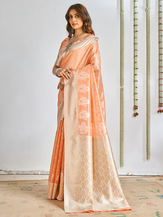 Saree Mall Women's Cotton Peach Woven Design Designer Saree With Blouse Piece-SANIDHI104501