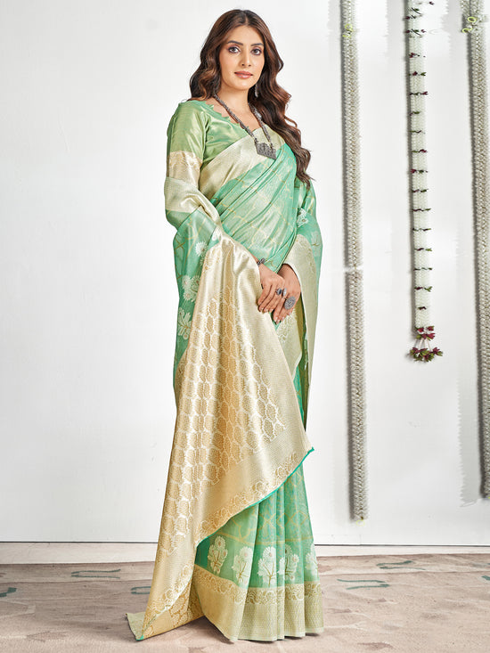 Saree Mall Women's Cotton Sea Green Woven Design Designer Saree With Blouse Piece-SANIDHI104502