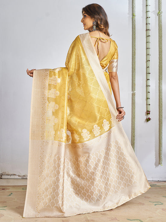 Saree Mall Women's Cotton Yellow Woven Design Designer Saree With Blouse Piece-SANIDHI104506