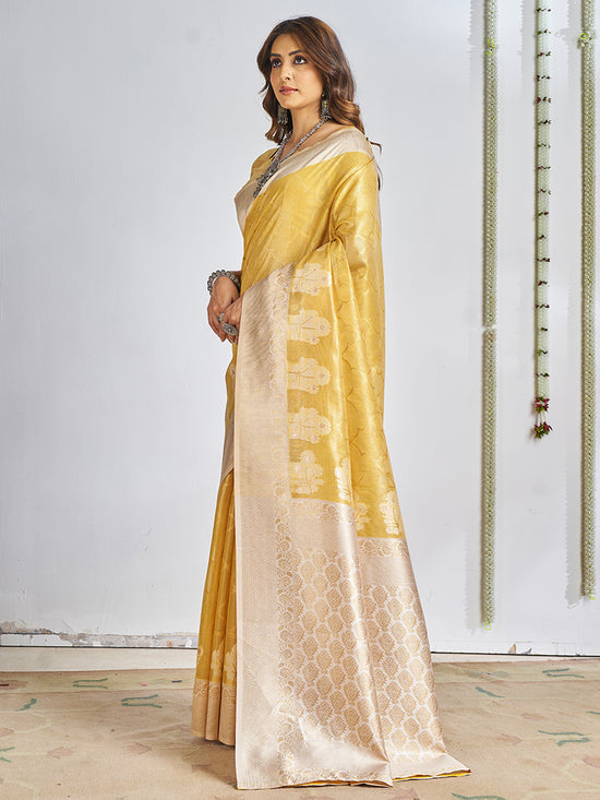 Saree Mall Women's Cotton Yellow Woven Design Designer Saree With Blouse Piece-SANIDHI104506