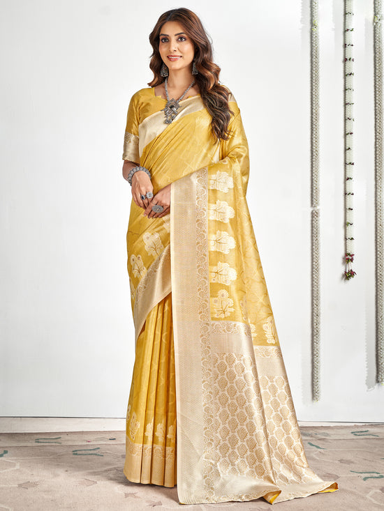 Saree Mall Women's Cotton Yellow Woven Design Designer Saree With Blouse Piece-SANIDHI104506