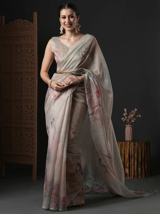 Saree Mall Women's Organza Beige Printed Designer Saree With Blouse Piece-SANKARI206