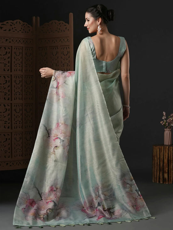 Saree Mall Women's Organza Sea Green Printed Designer Saree With Blouse Piece-SANKARI207