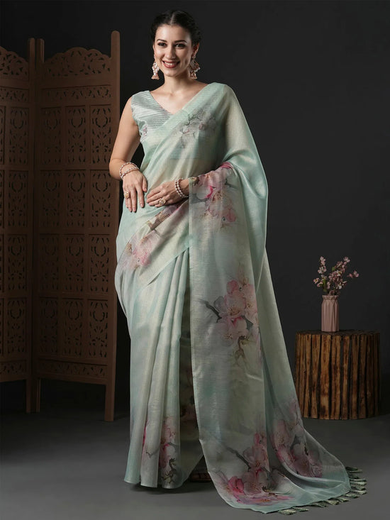 Saree Mall Women's Organza Sea Green Printed Designer Saree With Blouse Piece-SANKARI207