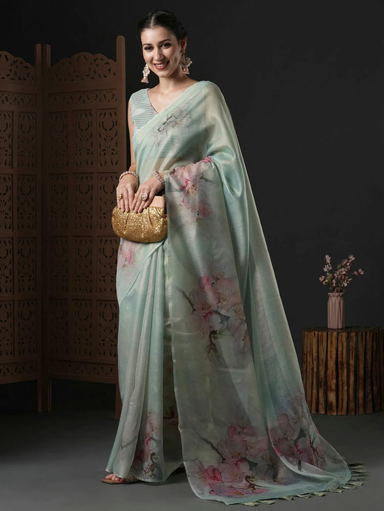 Saree Mall Women's Organza Sea Green Printed Designer Saree With Blouse Piece-SANKARI207