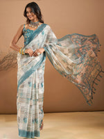 Saree Mall Women's Organza Light Blue Printed Designer Saree With Blouse Piece-SANKARI505