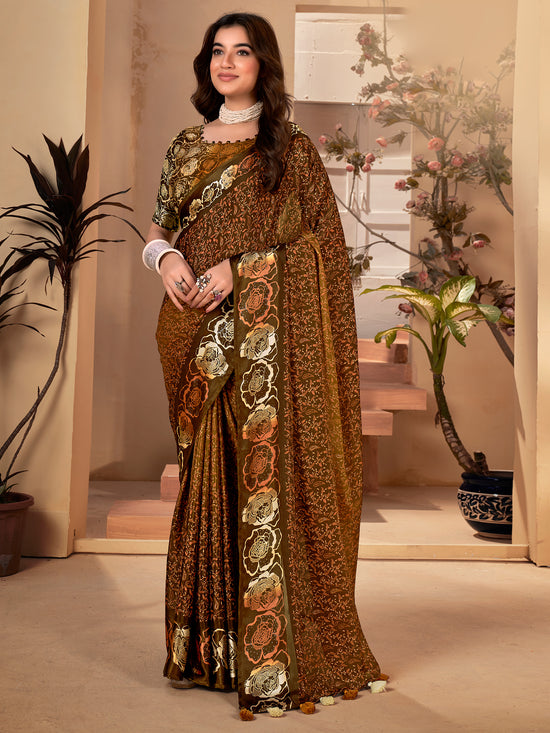 Saree Mall Women's  Blend Olive Printed Designer Saree With Blouse Piece-SANTONI101