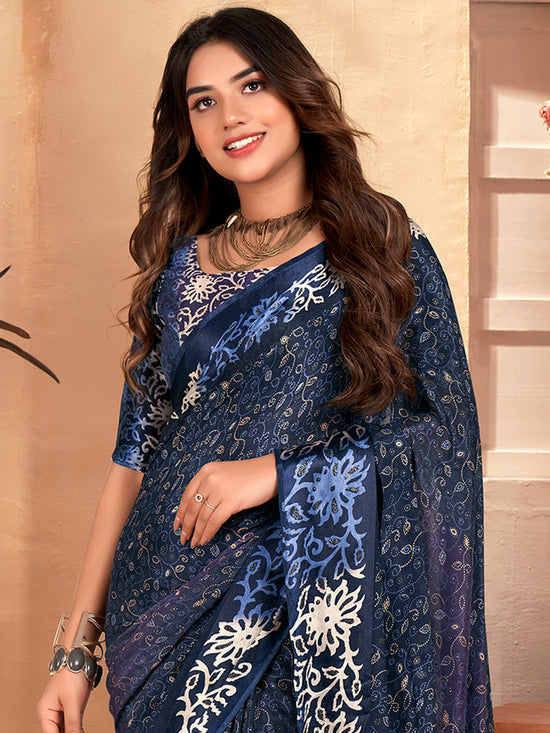 Saree Mall Women's  Blend Navy Blue Printed Designer Saree With Blouse Piece-SANTONI120