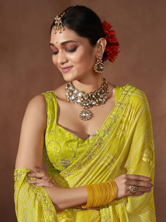 Saree Mall Women's Chiffon Lemon Yellow Embellished Designer Saree With Blouse Piece-SANVI1008